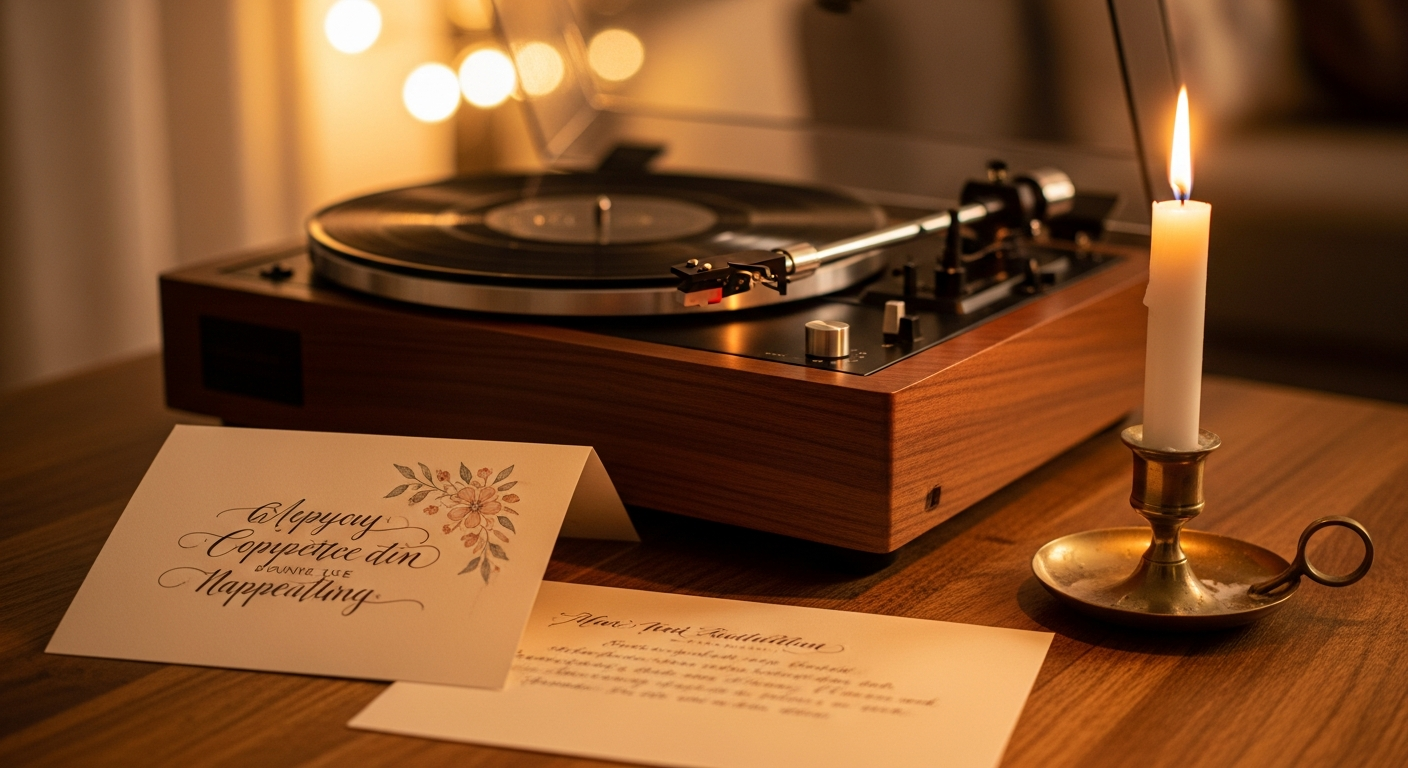 Candlelit record player and greeting card